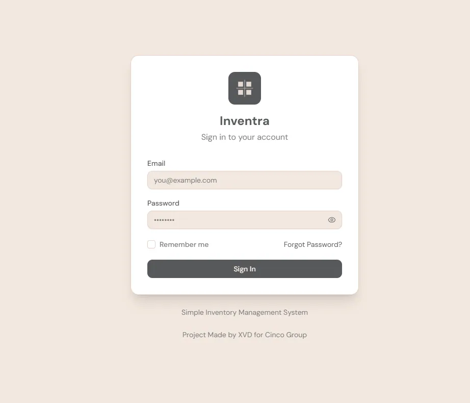 Inventra inventory management system sign-in interface