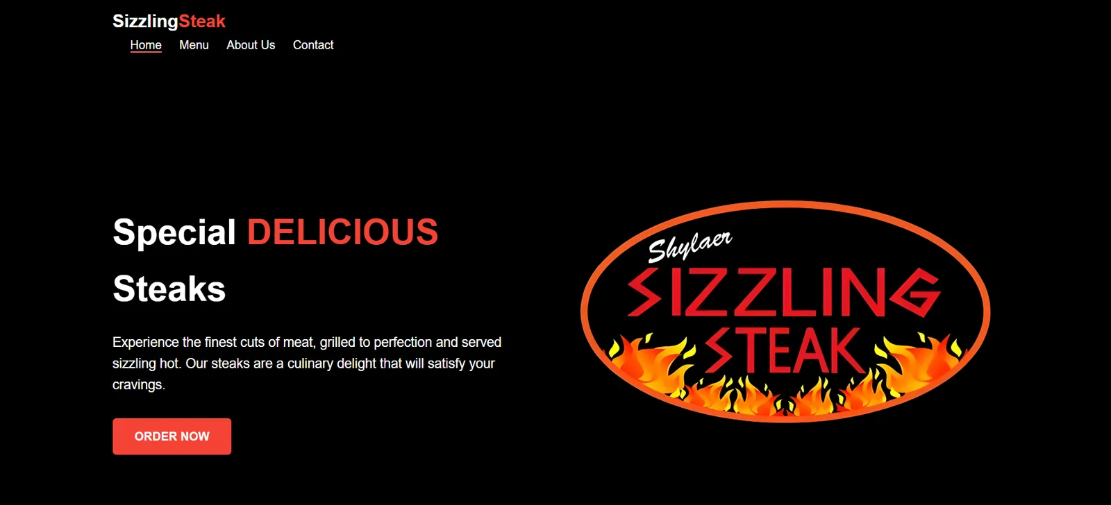 Sizzling Steak restaurant landing page with navigation and an order call to action