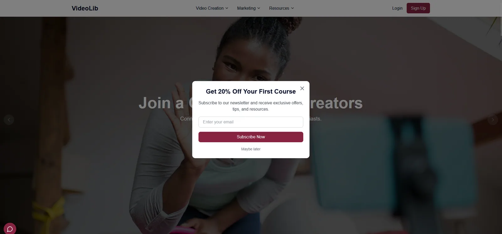 VideoLib creator platform interface with a newsletter subscription flow