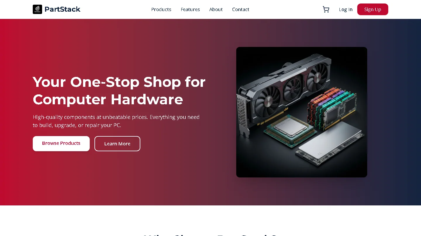 PartStack computer hardware commerce prototype landing page